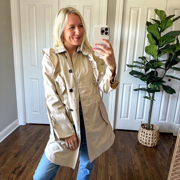 Joie x Revolve Gila Ruffle Trim Long Sleeve Trench Coat in Tan XS - Picture 4 of 12